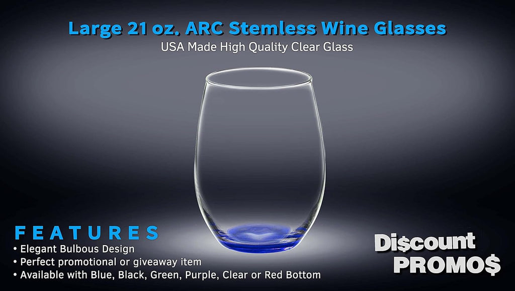 DISCOUNT PROMOS 10 ARC Stemless Wine Glasses Set, 21 oz. - Chardonnay, Cabernet, Merlot, Sauvignon - Blue