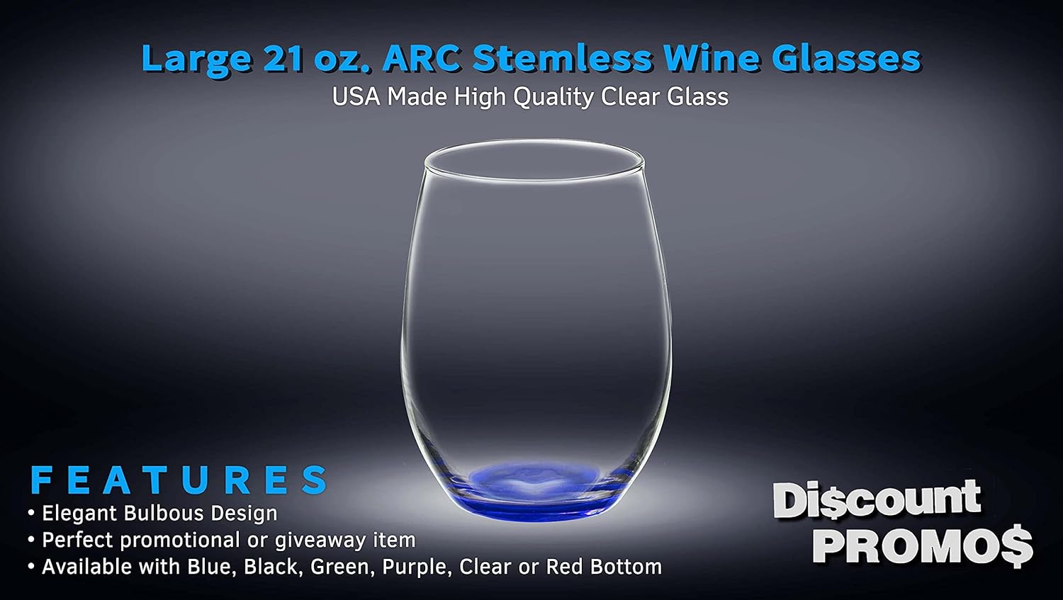 DISCOUNT PROMOS 10 ARC Stemless Wine Glasses Set, 21 oz. - Chardonnay, Cabernet, Merlot, Sauvignon - Blue