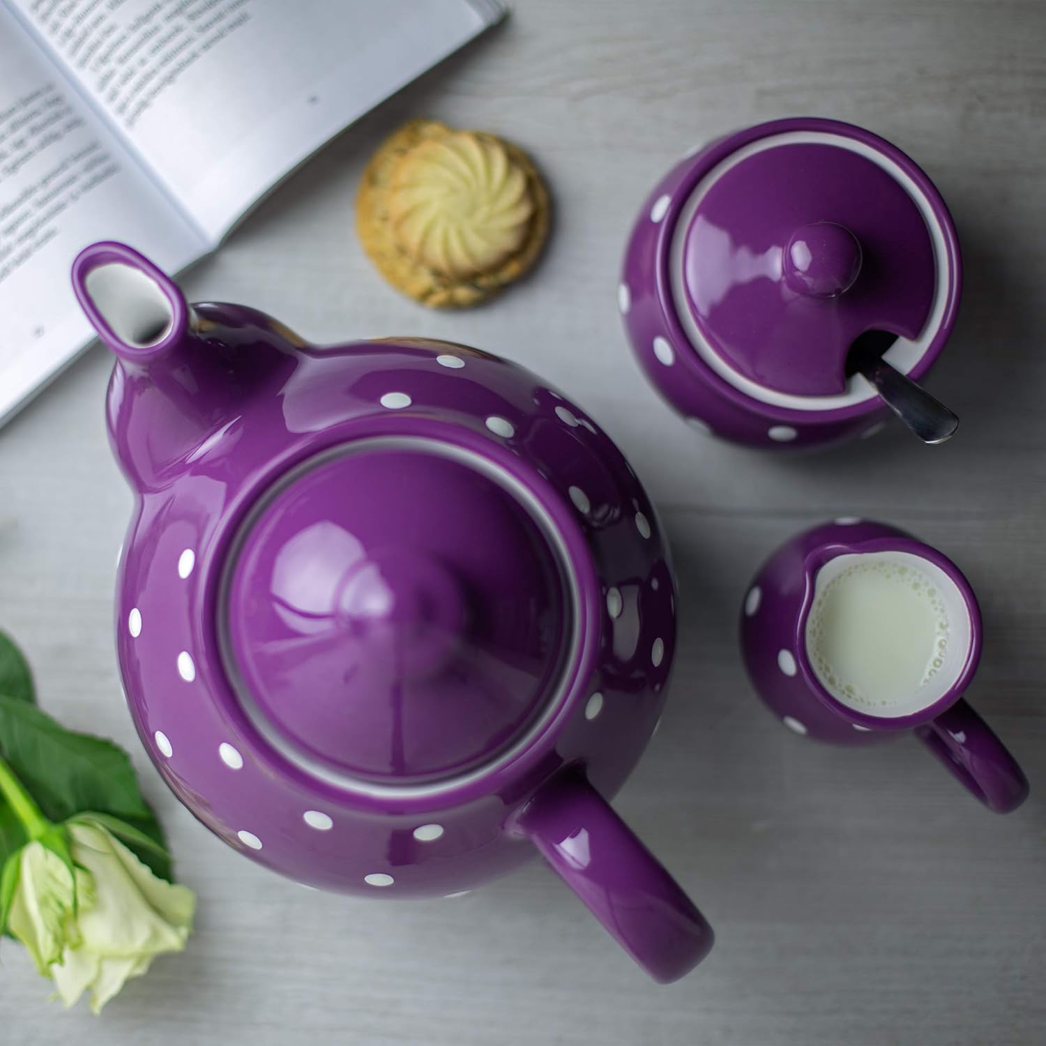Handmade Purple and White Polka Dot Large Ceramic 1,7l/60oz/4-6 Cup Teapot, Milk Jug, Sugar Bowl Set, Pottery Tea Set, Housewarming Gift for Tea Lovers by City to Cottage®