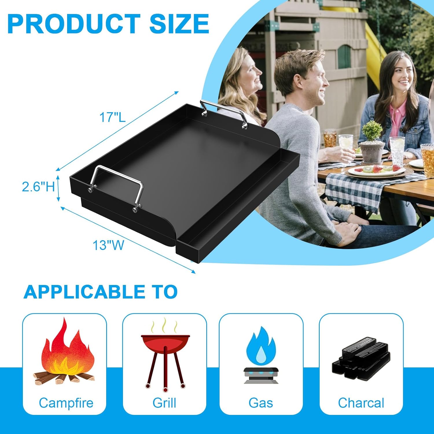 Nonstick Grill Griddle for Most Gas Grill 17" x 13" Universal Flat Top Cooking Plate Insert for Charcoal/Gas/Electric Oven with Grease Groove and Removable Handles