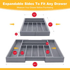 Large Premium Bamboo Silverware Organizer - Expandable Drawer Organizer & Utensil Organizer - 17"x19.7" Cutlery Tray with Dividers for Kitchen Utensils and Flatware (7-9 Slots) (Grey)
