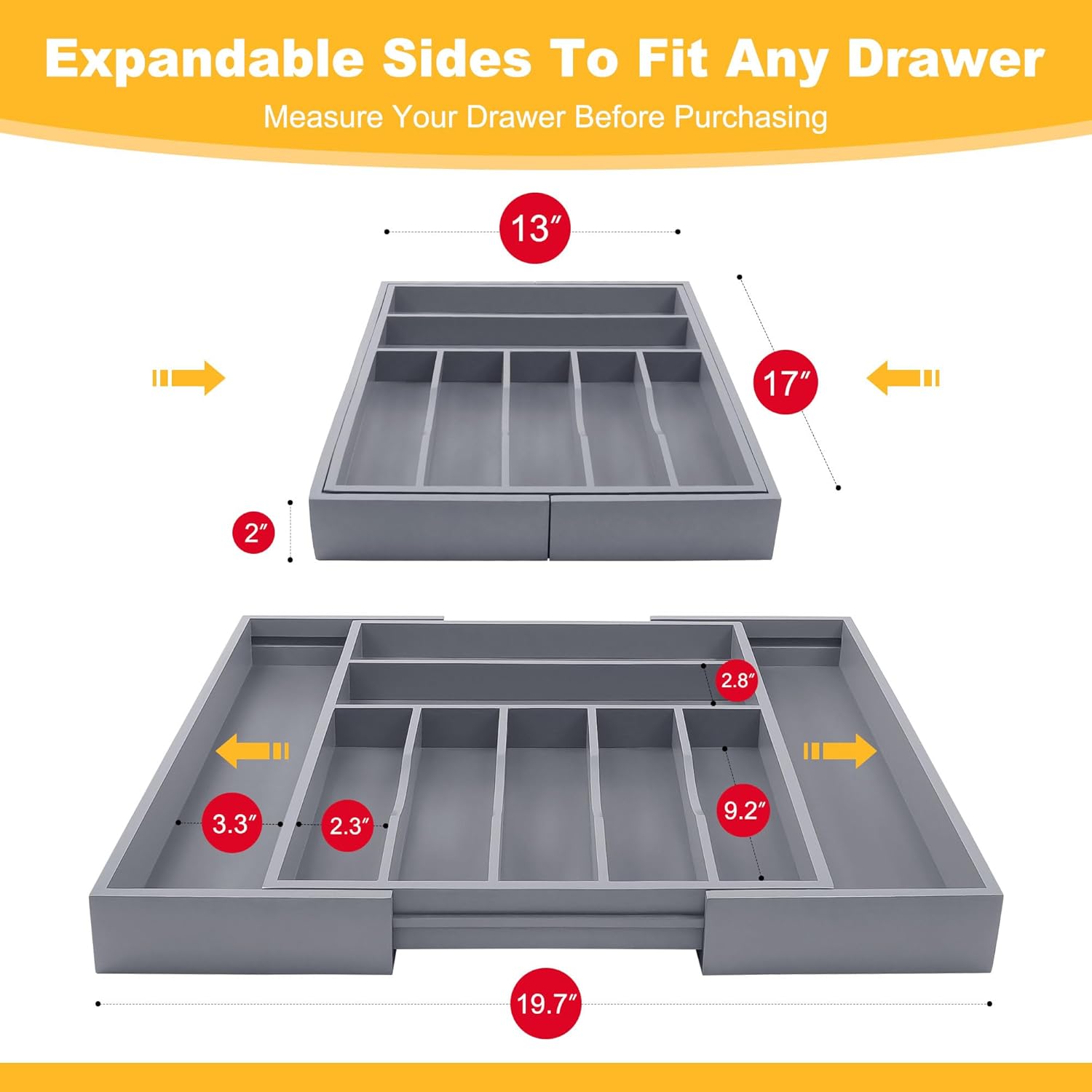 Large Premium Bamboo Silverware Organizer - Expandable Drawer Organizer & Utensil Organizer - 17"x19.7" Cutlery Tray with Dividers for Kitchen Utensils and Flatware (7-9 Slots) (Grey)