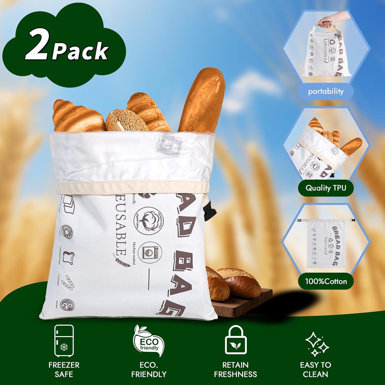 Reusable Bread Bags for Homemade Bread,Cotton Bags with Food Grade TPU Liner Extend Freshness, Large Capacity Cloth Bag for Travel Friendly,Washable,Refrigerable, Gift for Bakers (Set of 2)