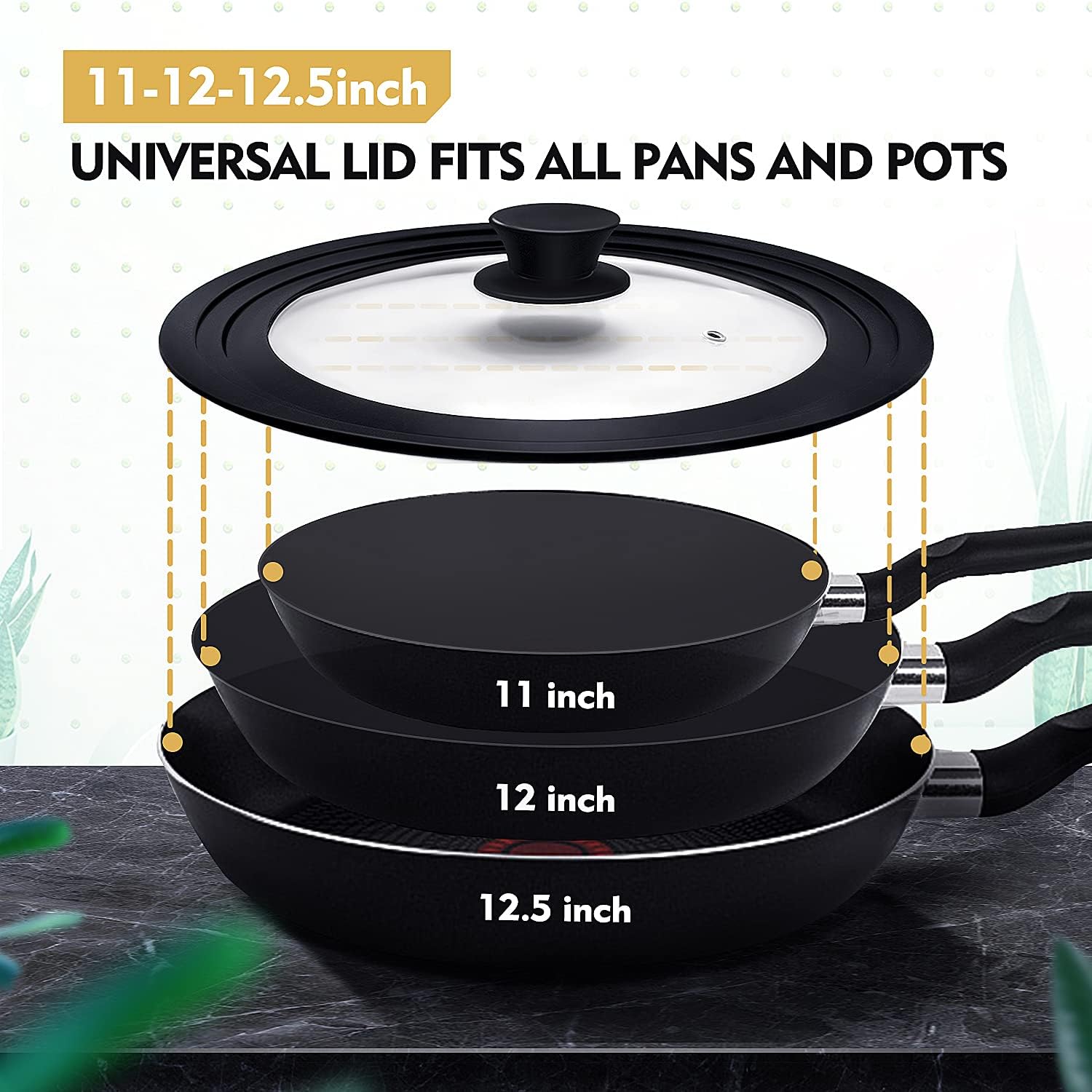 Universal Lid for Pots, Pans and Skillets, Pot Lid With Heat Resistant Silicone Rim and Tempered Glass, Fits 11", 12", 12.5" Diameter Pots and Pans