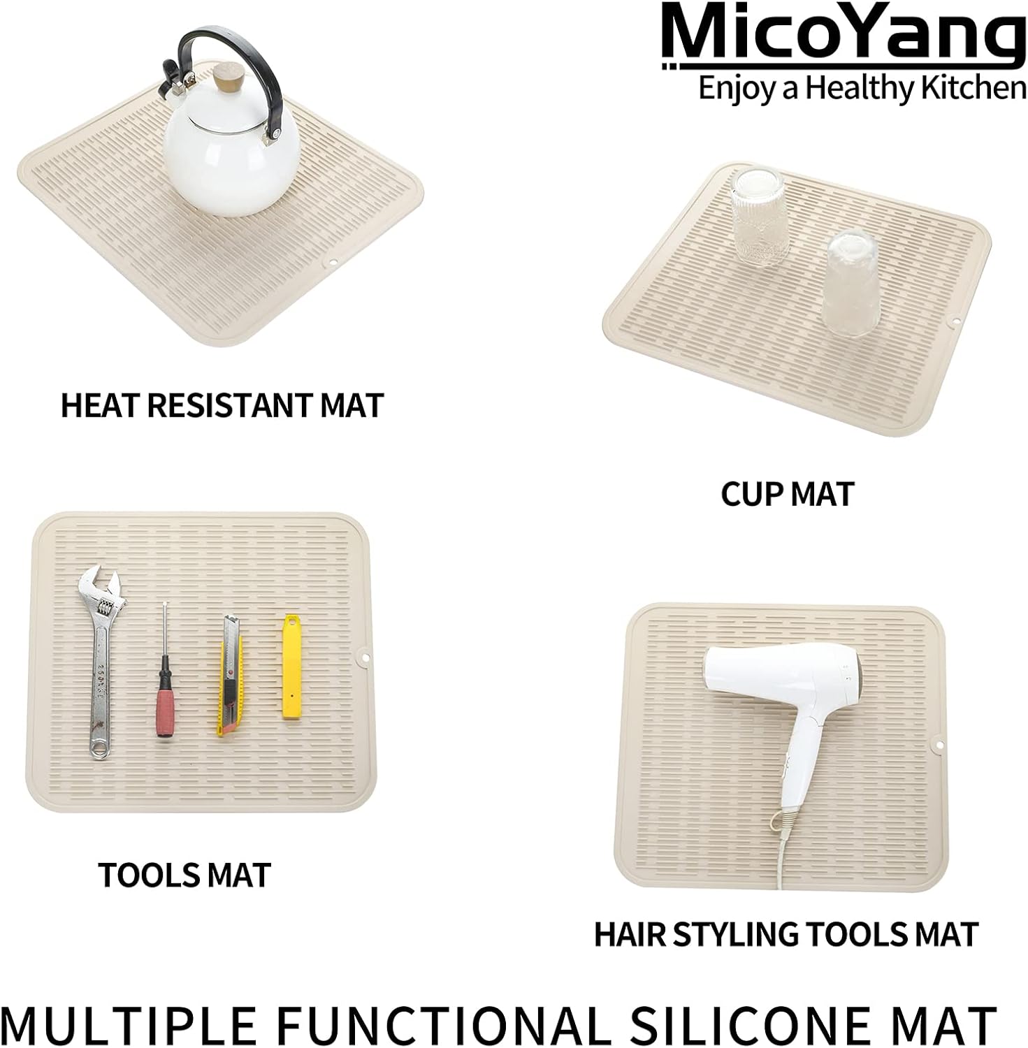 Silicone Dish Drying Mat for Multiple Usage,Easy clean,Eco-friendly,Heat-resistant Silicone Mat for Kitchen Counter or Sink,Refrigerator or Drawer Liner Tapioca XL 18 inches x 16 inches