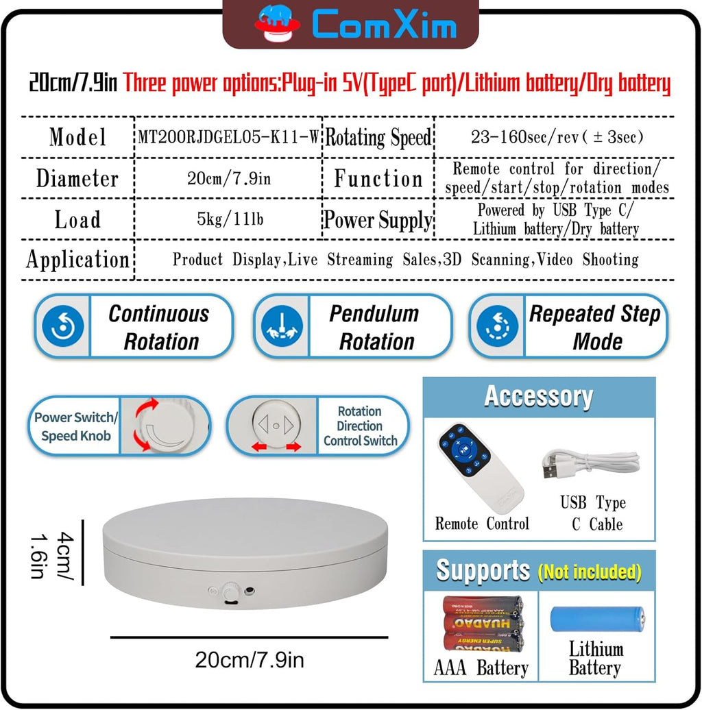 Motorized Rotating Display Stand with Remote, 7.87in 360 Electric Turntable for Display,Photography,3D Scanner Models, Motorized Lazy Susan and Photography Turntable Control Angle/Speed,Step/Swing/Continuous Rotation