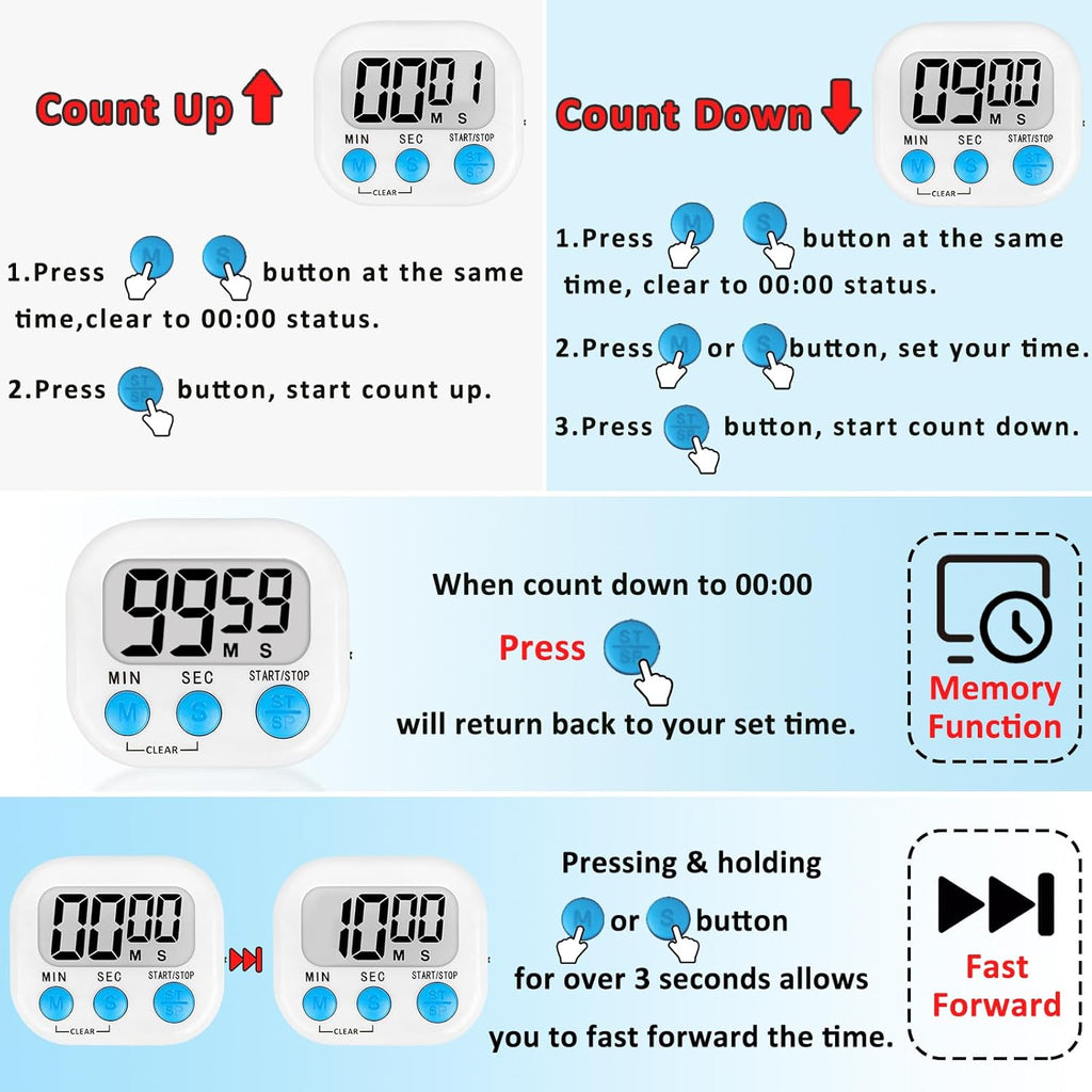 ZILLEEN 6 Pack Kitchen Timers for Cooking Digital Classroom Timers for Teachers Kids White Blue Green
