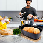 Bread Box for Kitchen Countertop - Bamboo Fiber Bread Bin with Reversible Cutting Board Lid, Juice Groove - Ventilated, Multi-Functional Storage Keeper for Freshness (14.2x7.8x5.5In, Black)
