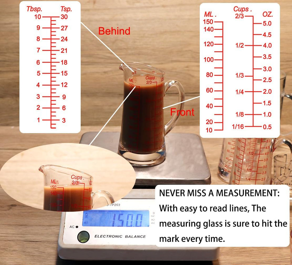 Ackers Glass Measuring Cup 5 Oz/150ml Shot Glass Measuring Cup with V-Spout,Insulated handle