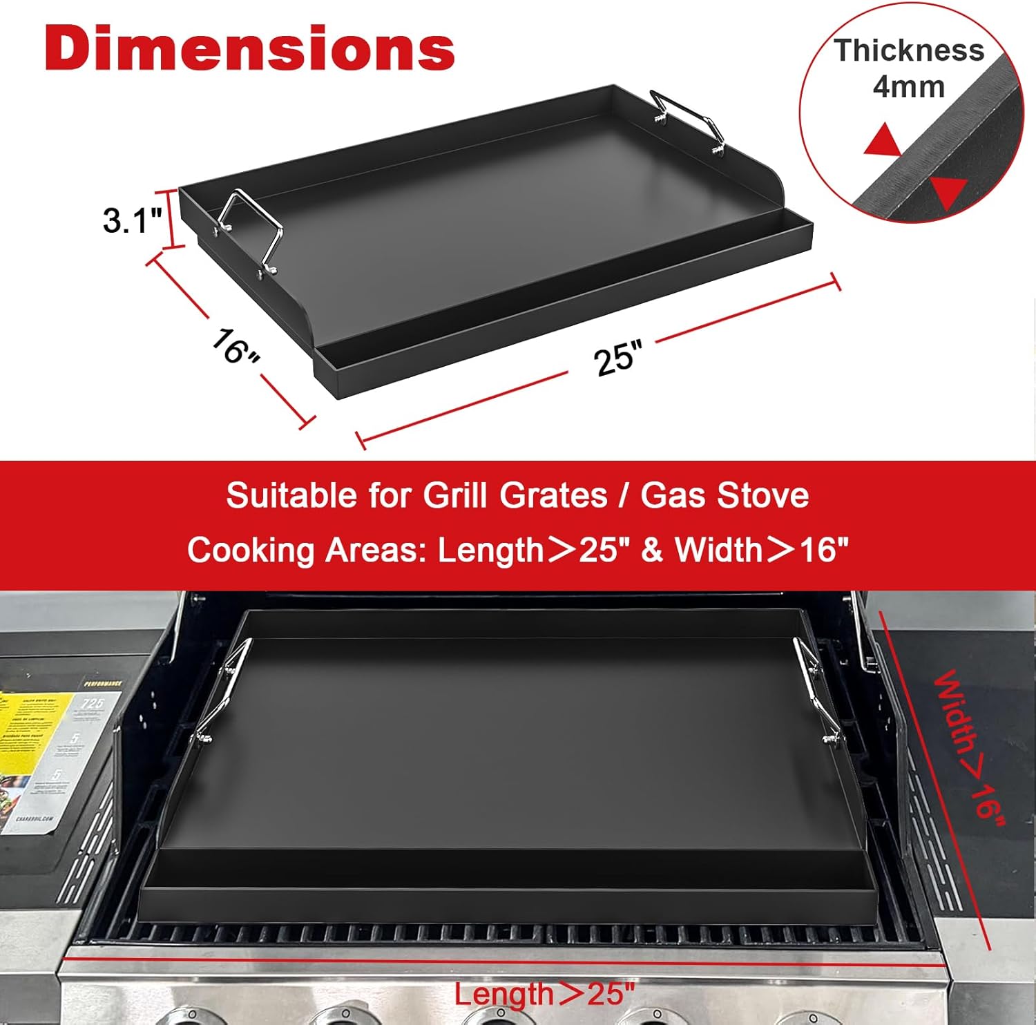 Universal Griddle 25"x16" Insert for Electric/Charcoal/Gas Grills, Nonstick Skillet Plate Teppanyaki for Party Outdoor Cooking Camping Tailgating,Carbon Steel Flat Top Griddle Plate with Grease Groove