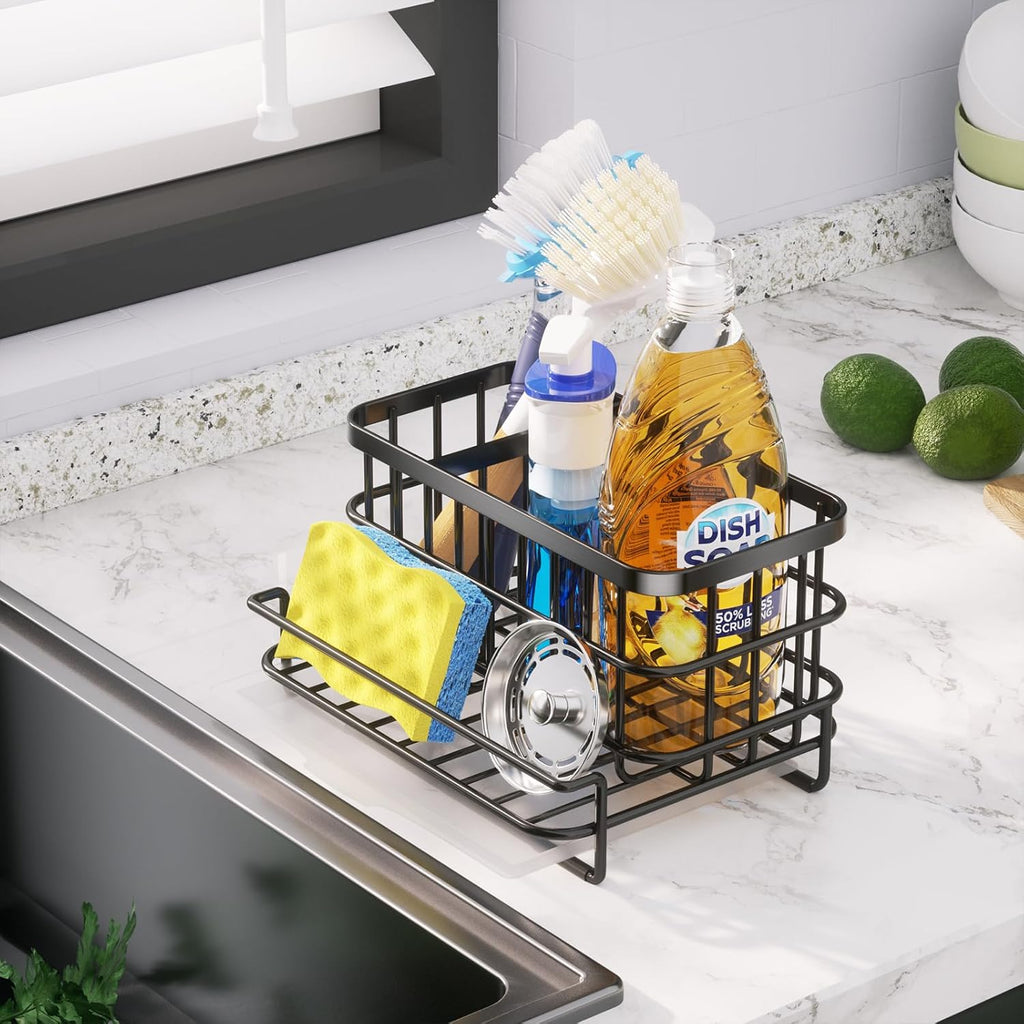 HapiRm Kitchen Sink Organizer, SUS304 Stainless Steel Rustproof Multifunctional Sink Caddy with Sponge Holder and Drain Tray for Kitchen Countertop (Black)