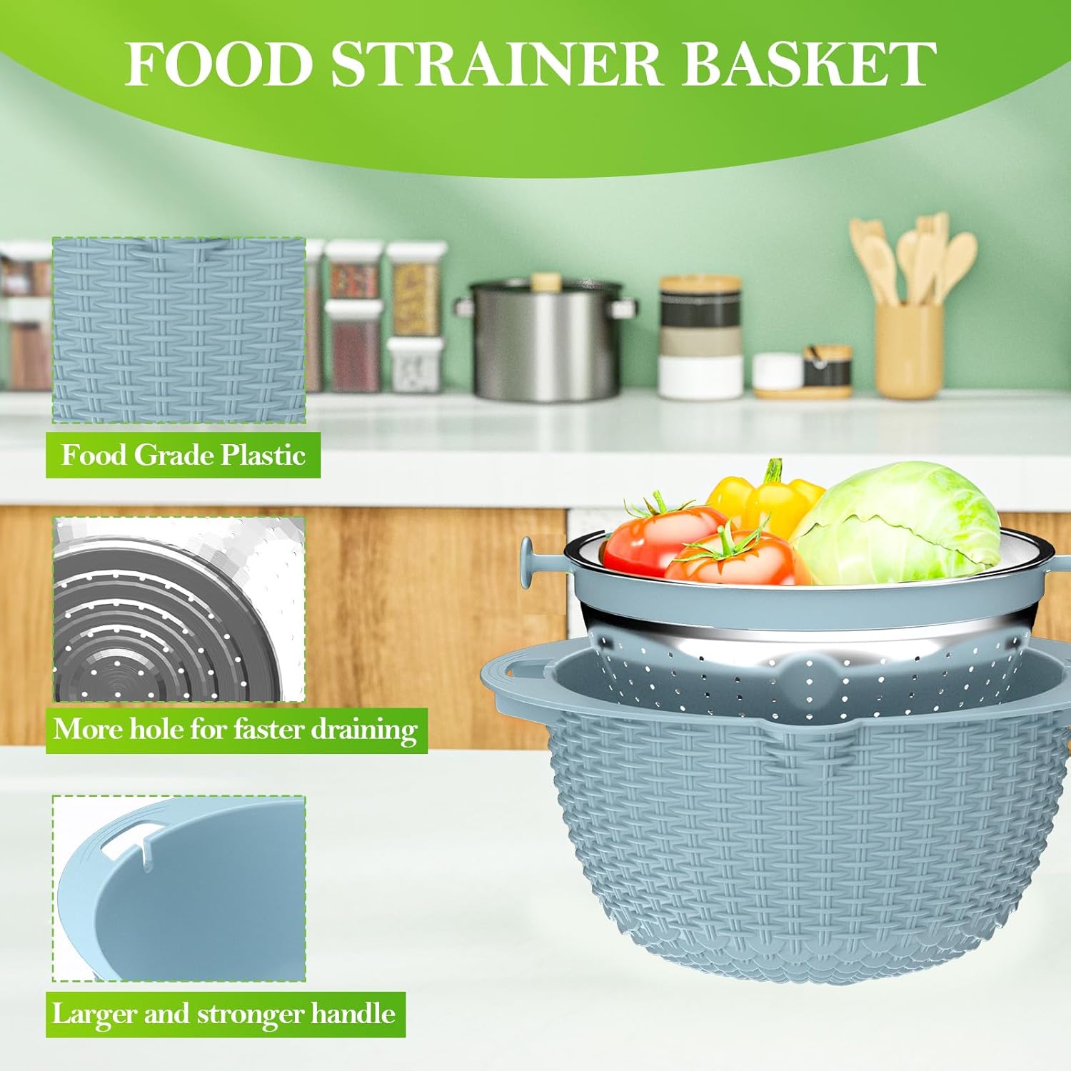 4-1 Colander with Bowl Set - Strainers for Kitchen, Food Strainers and Colanders, Pasta Strainer, Rice Strainer, Fruit Cleaner, Veggie Wash, Aesthetic Cooking Present Kitchen Essentials - Blue