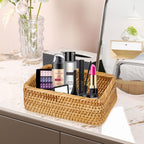 Natural Rectangular Rattan Storage Baskets (Set of 3), Hand Woven Food and Fruit Serving Baskets, Wicker Organizer for Living Room, Bedroom, Kitchen