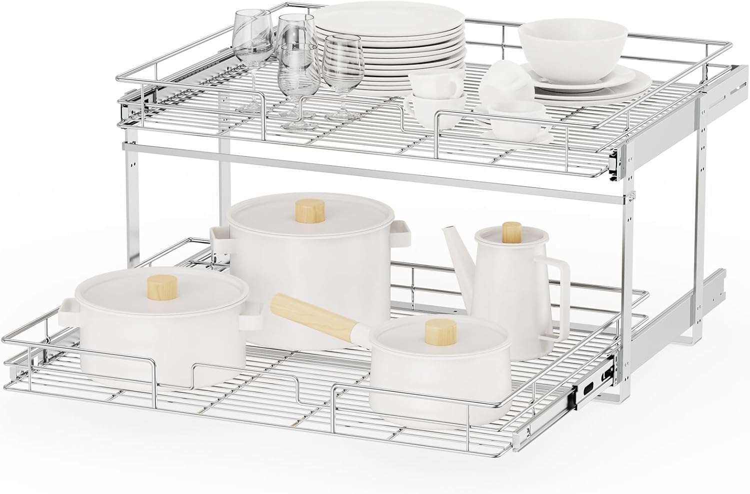 ROOMTEC Individual Pull Out Cabinet Organizer (28½" W x 21½" D), 2 Tier Spice Rack Organizer for Cabinet, Slide Out Drawer Pantry Shelf Organization and Storage for Kitchen Bathroom