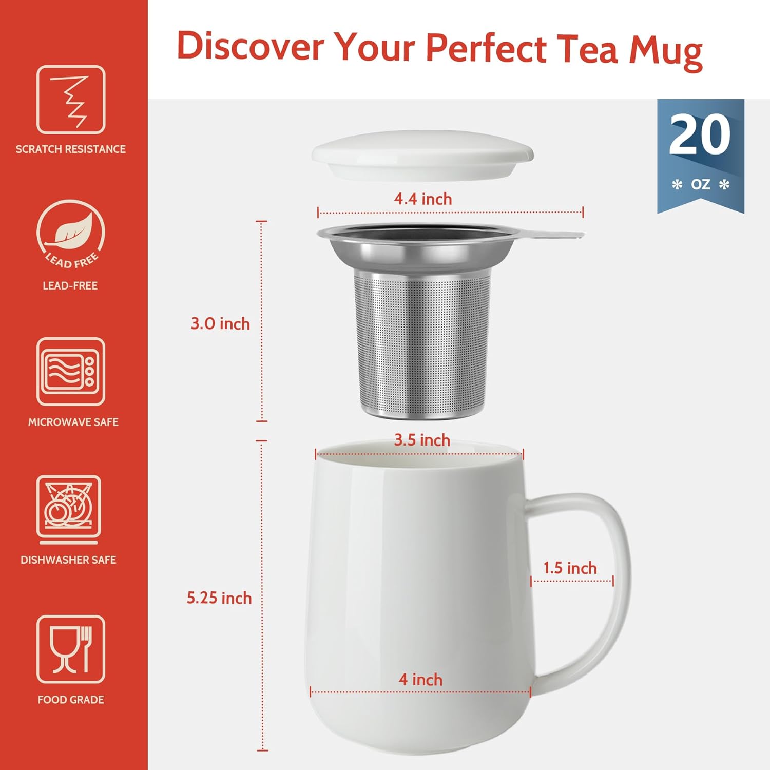 Sweese 20 OZ Porcelain Tea Mug with Infuser and Lid, Loose Leaf Tea Cup, Gifts for Tea Lover - White