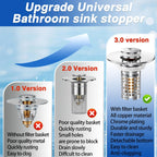 Sink Drain Stopper, 3-in-1 Pop Up Sink Strainer with Removable Hair Catcher for Bathroom Sink, Universal 1.1-2.36 Inch Drain Cover, 2PCS, Brass Core (New/1PCS)