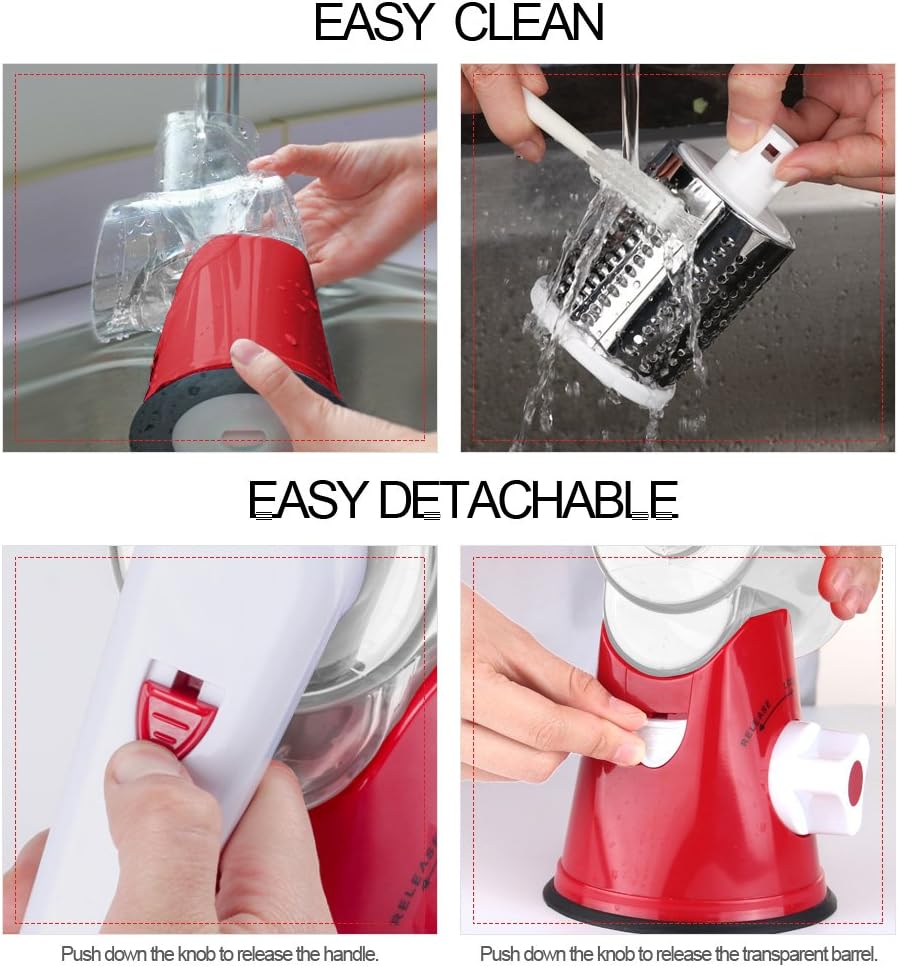 Ourokhome Rotary Cheese Grater Hand Crank, Kitchen Shredder Speed Mandolin Slicer Nut Grinder with Handle and Drum Blades for Cheese, Vegetable, Walnut, Chocolate, Potato, Carrot, 3 Blades, Red