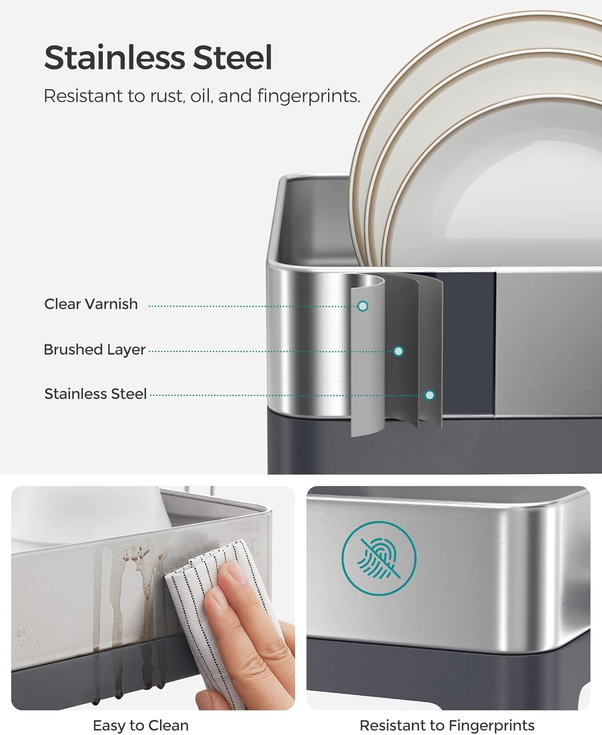 SONGMICS Large Dish Drying Rack, Premium Stainless Steel Dish Rack with Rotatable Spout, Fingerprint-Resistant Dish Drainers for Kitchen Counter, 12.5 x 22.5 in, Silver and Gray UKCS030E01