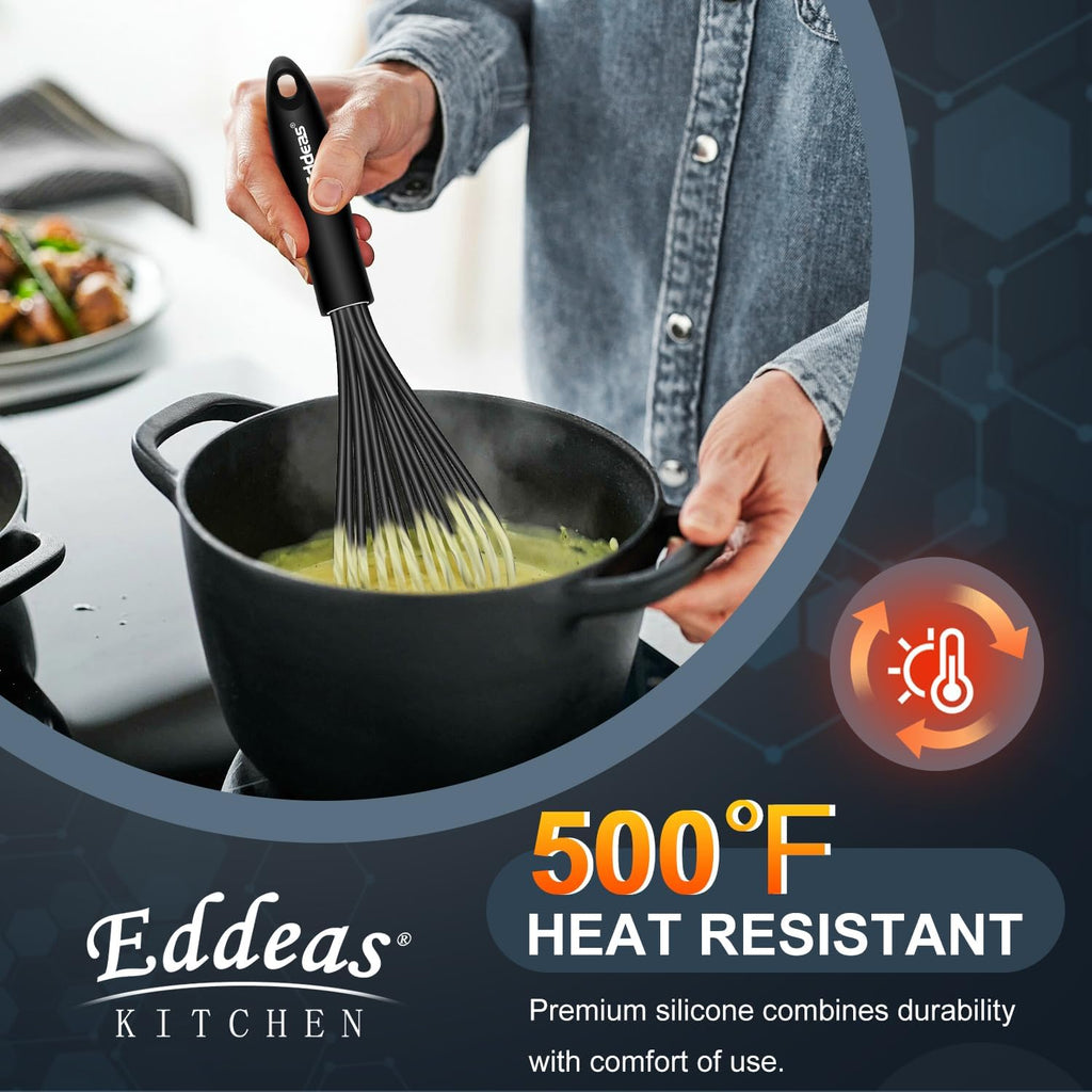 Whisks For Cooking - 500 °F Heat Resistant Silicone Whisk, Heavy Duty 7",9"&11inch Non-Scratch Balloon Kitchen Wisk tool Set, for cooking Wisking, Blending, Beating, Stirring, 3 Piece Black