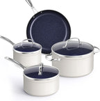 Nuwave Healthy Duralon Blue Ceramic Nonstick Coated 7pc Cookware Set, Scratch-Resistant Diamond Infused, PFAS Free, Induction Ready & Evenly Heats, Oven Safe, Tempered Glass Lids