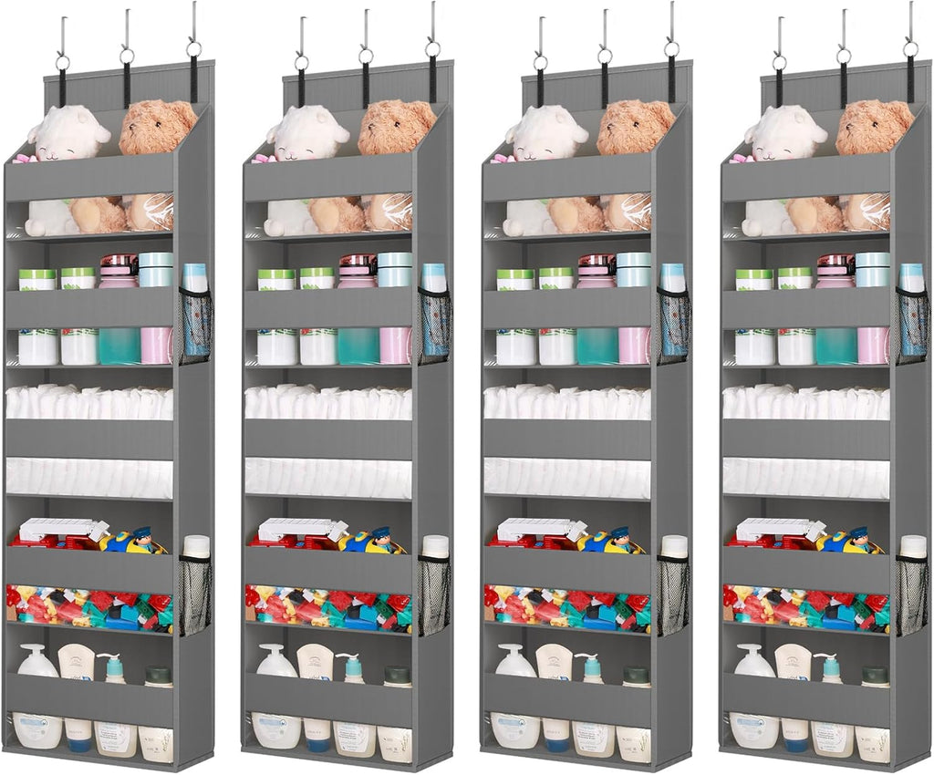 Lifewit 4 Packs Over the Door Organizer, 5 Shelf Clear Window Hanging Storage with 4 Mesh Side Pockets, Anti Tilt 40 lbs Load Behind Door for Pantry, Nursery, Bathroom, Bedroom, Kitchen, Dorm, Grey