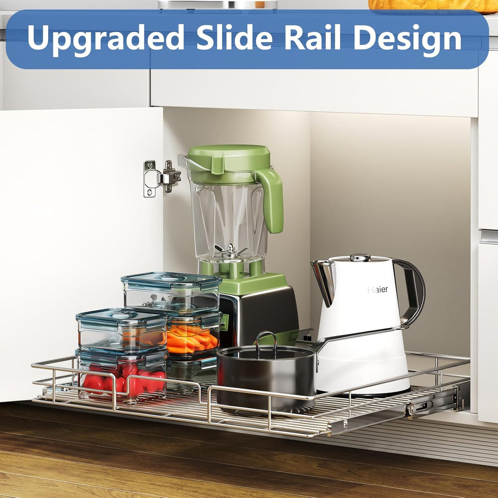 ROOMTEC Pull Out Cabinet Organizer, 27" W x 21.5" D, Heavy Duty Slide Out Kitchen Cabinet Organizers, Neutral