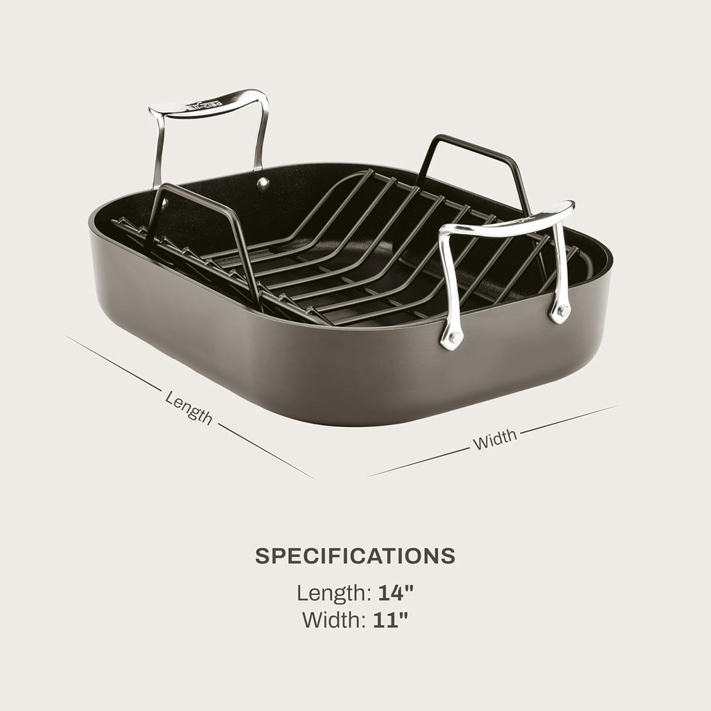 All-Clad Essentials Hard Anodized Nonstick Roaster with Rack 11x14 Inch Oven Broiler Safe 500F Roaster Pan, Pots and Pans, Cookware Black