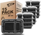 Freshware Meal Prep Containers [15 Pack] 2 Compartment with Lids, Food Storage Containers, Bento Box, BPA Free, Stackable, Microwave/Dishwasher/Freezer Safe (28 oz), Black
