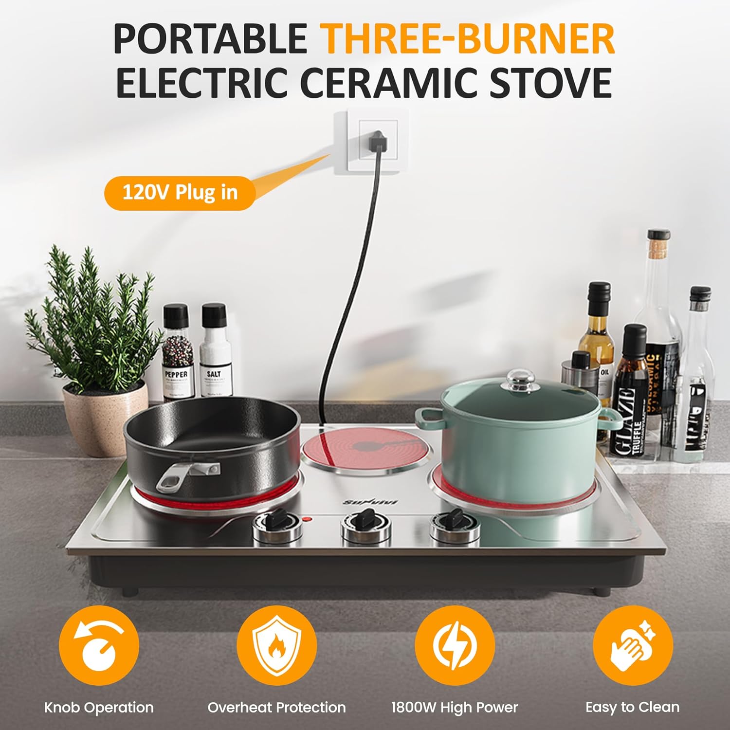 Sunvivi 1800W Triple Burner Portable Electric Ceramic Stove – Knob Control, Indicator Light, Compatible with All Cookware, Ideal for Multiple Cooking Scenarios, Silver