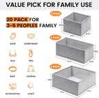Criusia 20 Pack Drawer Organizer Bins - Grey Fabric Closet Organization and Storage Dividers for Baby Clothes, Adult Socks, Underwear, Bra, etc.