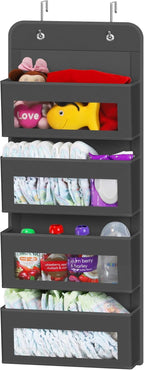 Simple Houseware 4 Clear Window Pocket Over Closet Door Storage Hanging Organizer for Bedroom, Bathroom, Pantry, Dark Grey