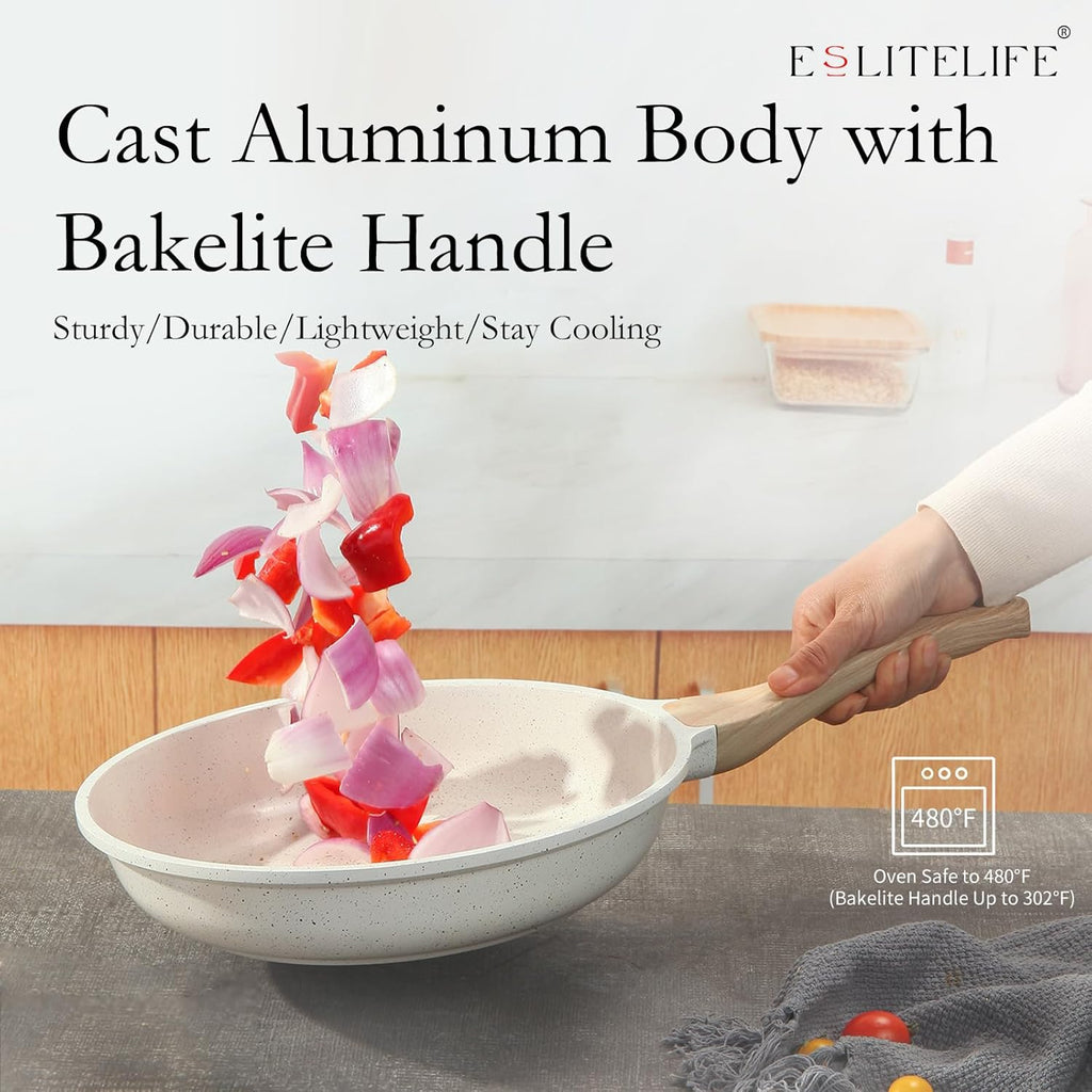ESLITE LIFE Nonstick Ceramic Frying Pan Skillet with Lid, Non-Toxic Egg Omelette Kitchen Cooking Pans Compatible with All Stovetops (Gas, Electric & Induction), PTFE & PFOA Free (White, 9.5" w/Lid)