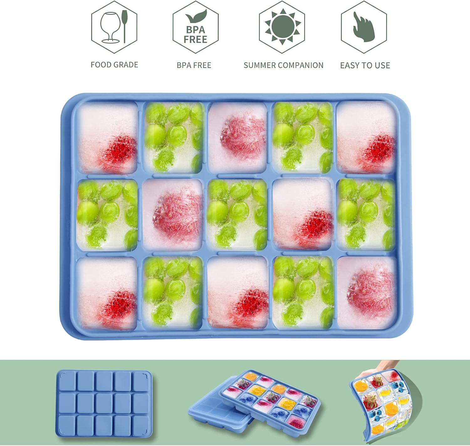 Ice Cube Trays Set of 2, Easy Release 15 Flexible Silicone Ice Cube Molds with Removable Lid Reusable Freezer Ice Trays Stackable for Whiskey, Baby Food, BPA Free (BLUE+GREEN)