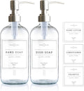 Vine Creations Clear Glass Soap Dispenser, 2 Pack Kitchen Soap Dispenser Set with Stainless Steel Pump, 16 oz Hand Soap or Dish Soap for Bathroom or Kitchen with Waterproof Labels