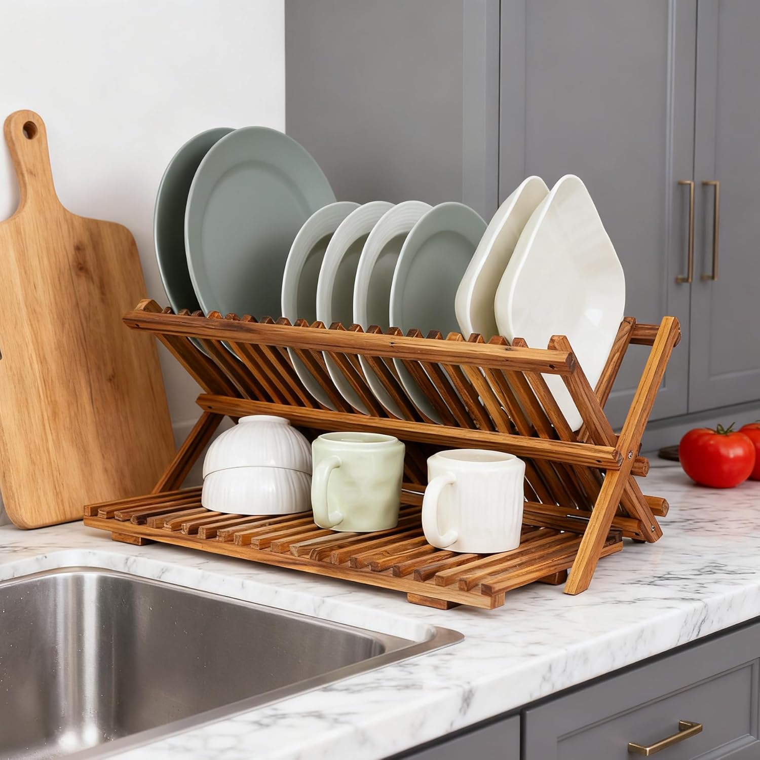Utoplike Large Teak Dish Drying Rack, Wooden 3 Tier Collapsible Dish Draine for Countertop, Kitchen Organizer for Pasta Plates, Cups