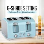 OVENTE Electric 4-Slice Toaster Machine with 6-Shade Selector Setting, Cancel Button, Defrost Function, Crumb Tray, 1400W Power and Wide Slots for Bagels, Waffles and Puff Pastry, Light Blue TS4410LBL