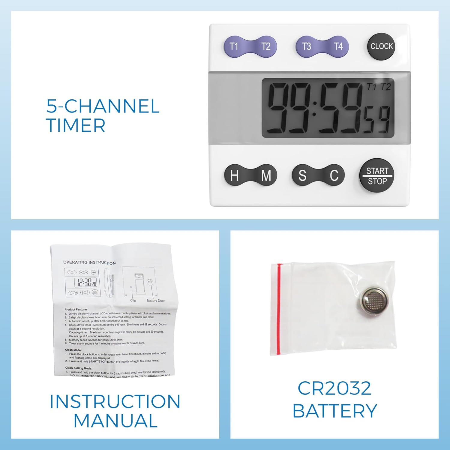 Sper Scientific Portable Digital Kitchen Timer 810015 for Cooking and Baking with Loud Alarm, 4 Channel Timer, Large Display Digital Lab and Cooking Timer, Classroom Timer for Teachers and Students
