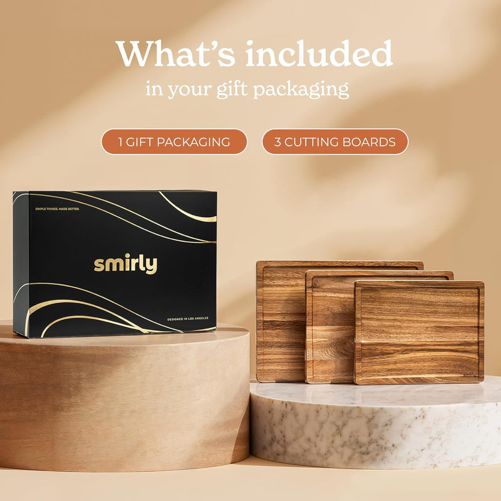 SMIRLY Wood Cutting Board, Bamboo Cutting Board Set, Chopping Board and Wooden Cutting Boards for Kitchen, Small Wood Cutting Board and butcher block (Acacia Wood, 3 Pack)