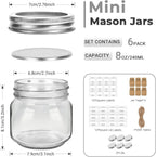 Eathtek Small Mason Jars 8oz/240ml with Regular Lids, 6 Pack Glass Canning Jars With Labels, Mini Glass Jars for Jam Jelly Spice Honey Herbs, Wedding Shower Favors Food Storage Candle Jars