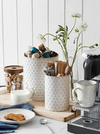 LE TAUCI Utensil Holder, 7.1" Ceramic Kitchen Utensil Holder for Counter top, Embossed Cooking Utensil Organizer for Spatula & Spoon, Kitchen Decor, Set of 1, Arctic White, Clover
