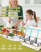 2Pack Stainless Steel Snack Containers for Kids Adults, Reusable 3 Compartment Snackle Box Container with Leakproof Lids Metal Bento Lunch Boxs Food Storage Containers for Travel Picnics Office School