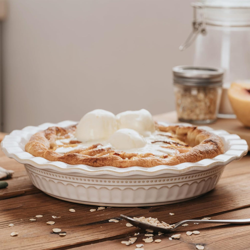 Ceramic Pie Pan for Baking, 9 inch Pie Pans Set of 2, Round Pie Dish for Dessert Kitchen, Farmhouse Vintage Color Pie Plate, Oven & Dishwasher Safe, Off-White