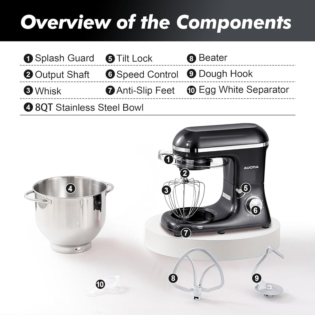 Aucma Stand Mixer, 900W 8QT Large Kitchen Mixer, Kitchen Electric Mixers with Dough Hook, Wire Whip & Beater (Black, 8QT)
