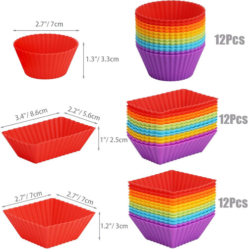 36-Pack Silicone Cupcake Liners, Reusable Muffin Cups – Round, Square & Rectangle Baking Cups, Non-Stick, Easy to Clean, Bento Box Accessories, Lunch Box Dividers for Kids(36 Liners + 20 Animal Picks)