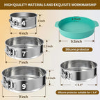 4, 7, 9 Inches Springform Pan Set of 3-304 Stainless Steel Nonstick Springform Cake Pan Set with Removable Bottom, 10 Inch Leakproof Silicone Cheesecake Pan Protector with 60 Pcs Parchment Paper