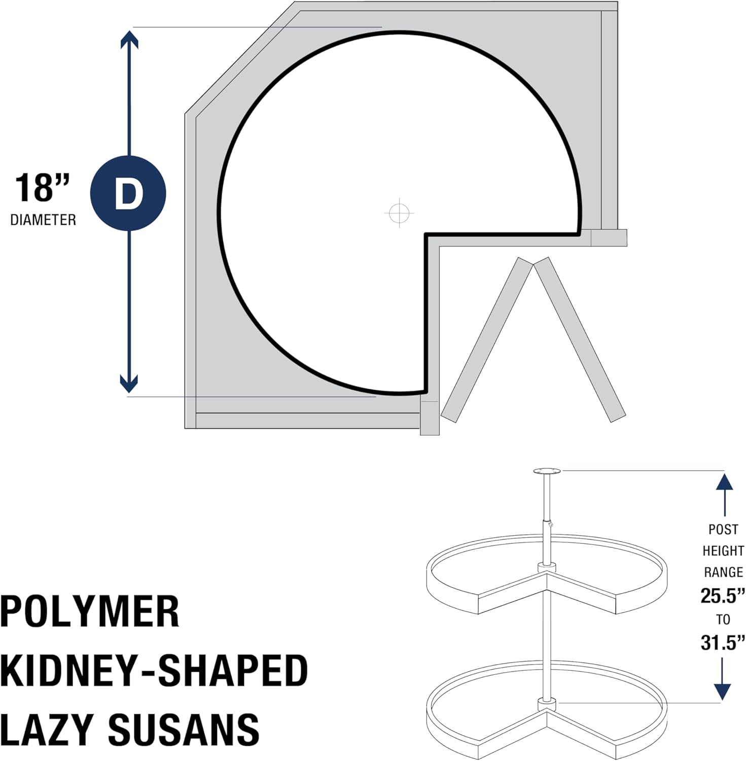 Knape & Vogt Plastic Lazy Susan Organizer, 2-Tier Lazy Susan for Cabinet, Kidney-Shaped 18-Inch Polymer 360º Turntable, White