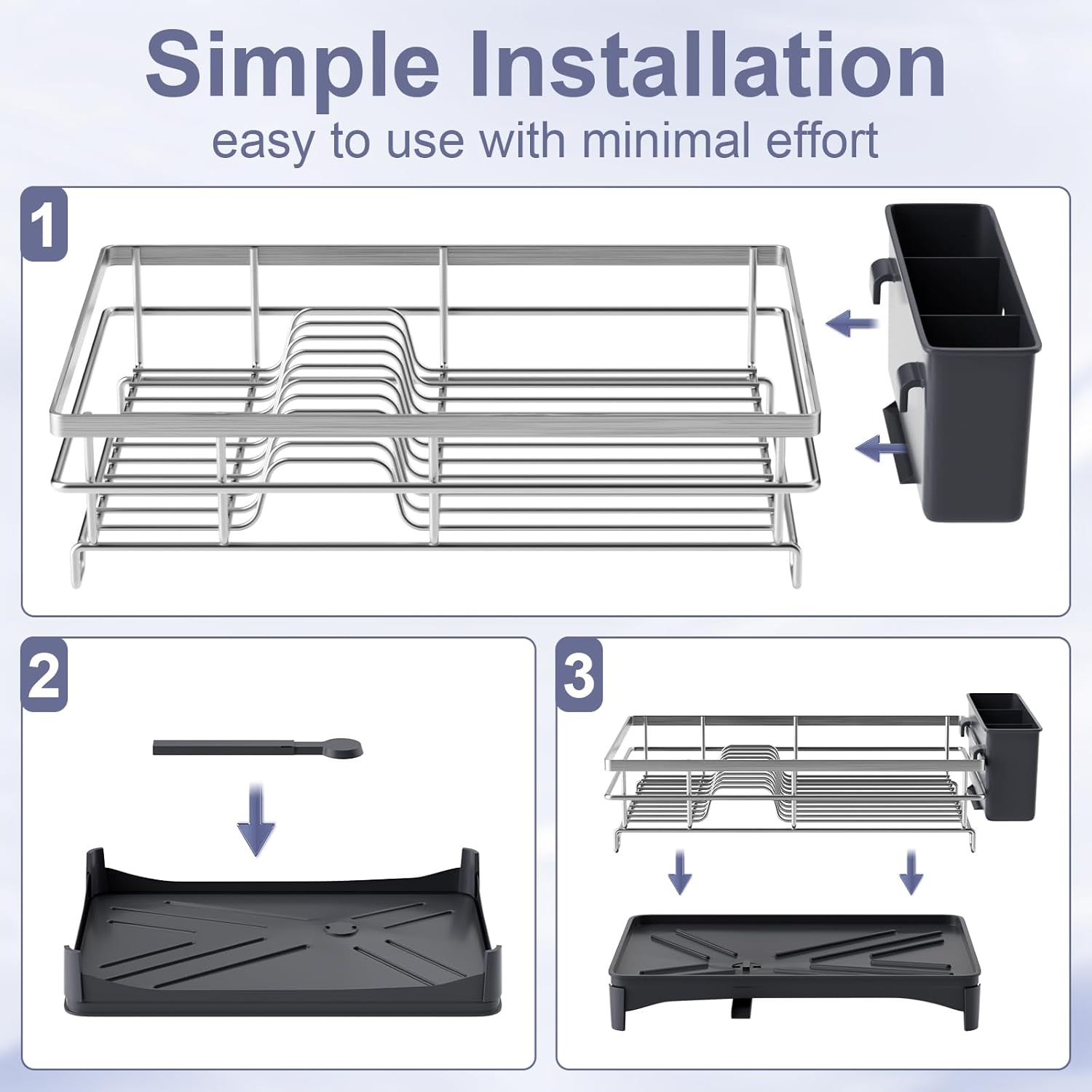 Dish Drying Rack,Rustproof Stainless Steel Dish Rack for Kitchen Counter,Dish Drainer with Cutlery Holder and Removable Drainboard,16.5" D x 11.8" W x 6.29" H