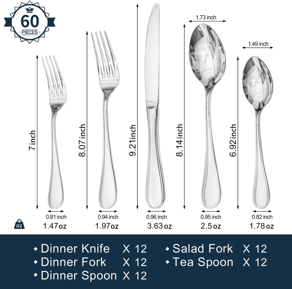KINGSTONE 60 Piece Teardrop Silverware Set for 12, 18/10 Stainless Steel Flatware Set, Modern Design Cutlery Set for Home/Hotel/Wedding,Mirror Polished and Dishwasher Safe