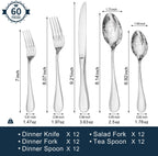 KINGSTONE 60 Piece Teardrop Silverware Set for 12, 18/10 Stainless Steel Flatware Set, Modern Design Cutlery Set for Home/Hotel/Wedding,Mirror Polished and Dishwasher Safe