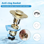 Universal Bathroom Sink Stopper Hair Catcher Upgraded with 2-Layer Detachable Filter Basket, 4 in 1 Pop Up Drain Strainer, Anti-Clog, Odor-Block, Universal Fit for 1.1''~2.36'' Sinks, Brushed Gold